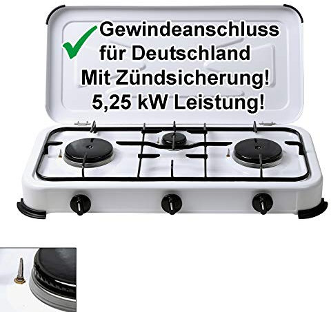 Campingkocher Gaskocher 3-flammig mit Zündsicherung Gasherd 50 mbar mit Deckel Weiss