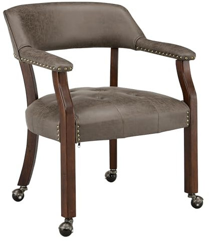 LEEMTORIG Dining Chairs with Casters and Arms, Upholstered Rolling Dining Chairs with Wheels for Elderly, Ergonomic Wide Seat Wooden Office Chair, 26Dx25.2W, Cherry Legs&Dark Brown Fabric SY-1533-DK