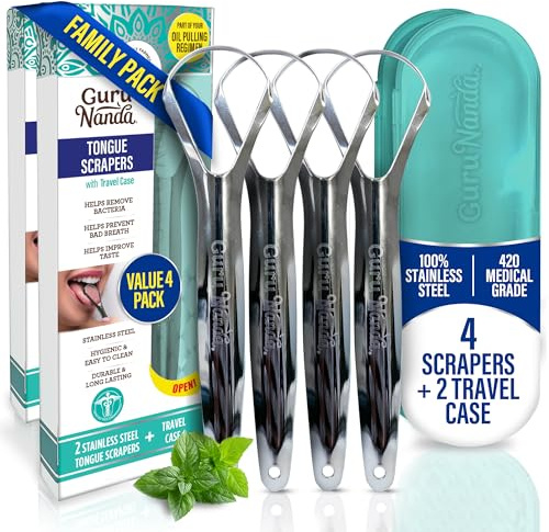 GuruNanda Tongue Scraper for Adults, Bad Breath Treatment, Gag Free, 4 ct