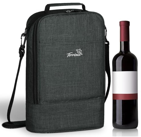 Kato Tirrinia isolerad vinväska – 3/6 flaskor vinväska med handtag och justerbar axelrem gratis flasköppnare för resekylbälte picknick grå 29 x 10 x 33 cm, Kol gravering, 35.56 cm x 9.86 cm x 35.56 cm