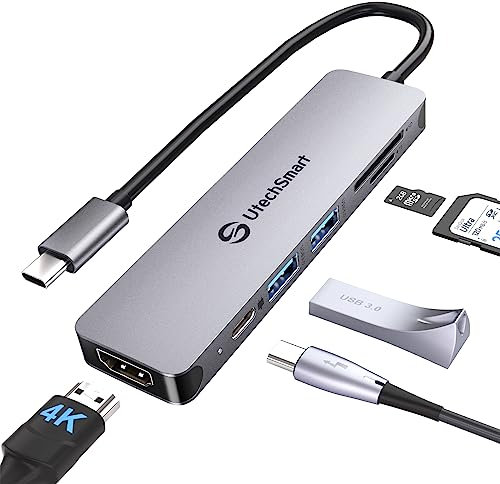 Hub USB C, UtechSmart 6 en 1 Adaptador USB C Hub a HDMI 4K 60Hz, 2 Puertos USB 3.0, PD 100W, SD/TF Lector Tarjeta para MacBook Pro/Air M1, Chromebook, DELL, HP, Steam Deck y Dispositivos Tipo-C