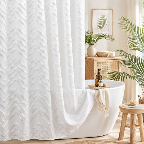 TURKIO White Boho Fabric Shower Curtain 72 x 72 Inches