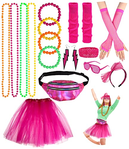 Accesorios de Traje de Vestido Mujer y Niña,Tutu, Guantes de Rejilla, Calentadores de Pierna,Pulsera para Años 80 Disfraces Fiestas Neon, Party Cosplay