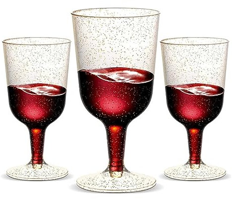 TSLBW 25 Pcs Wine Glasses 160ML Reusable Glitter Champagne Flutes Unbreakable Acrylic Wine Glasses Stemmed Party Wine Cups Crystal Wine Cocktail Cups for Wedding Birthday Hawaii Party (Gold)