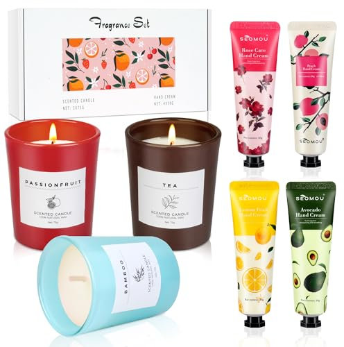 Duftkerze Set, 3 Pack Kerzen Sojawachs Duftkerzen im Glas, mit 4 Mini Handcreme für Sehr Trockene Hände,Duftkerzen Geschenkset Geburtstagsgeschenk Dankeschön Geschenkea für Frauen