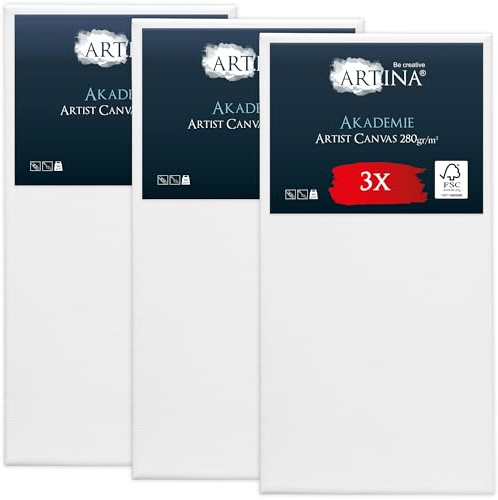 Artina Set da 3 Tela per Dipingere 100x50 cm - 100% Cotone 280g/m² – Telaio in Legno Certificato FSC – Non Si deforma – Canvas Tela Bianca Tele per Pittura – Tele per Dipingere Grandi Akademie