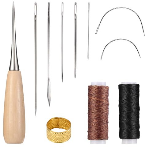 Nynkyon Leder Nähen Reparaturset, Lederbearbeitungswerkzeuge mit Ahle, Wachsfaden, Nadeln und Fingerhut für Heimwerker, Möbelnähset, geeignet für Sofas, Taschen
