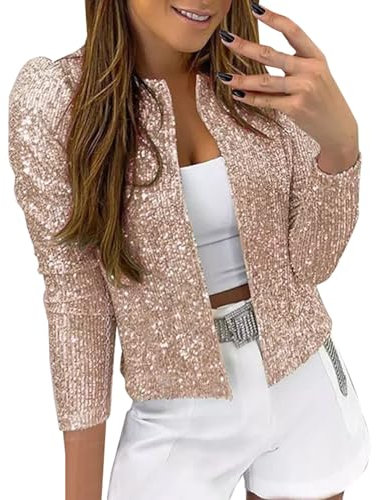 Chaqueta brillante para mujer, color dorado, parte superior con lentejuelas, manga larga, chaqueta de fiesta, con lentejuelas, chaqueta informal, carnaval, deportiva, blusa informal, blazer elegante,