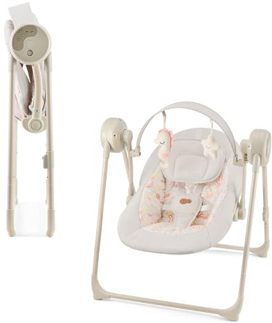 Kinderkraft SWINGEE - Balancín eléctrico para bebé con función oscilante, temporizador integrado, respaldo ajustable, 8 melodías de tranquilidad integradas, ligero y plegable, color beige