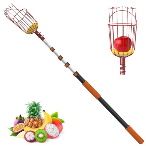 LAANPOLE Recolector de frutas, poste de extensión telescópico de aluminio resistente de 20 pies con cesta de metal giratoria, apto para manzana, pera, limón, mango, guayaba, naranja, aguacate, árbol