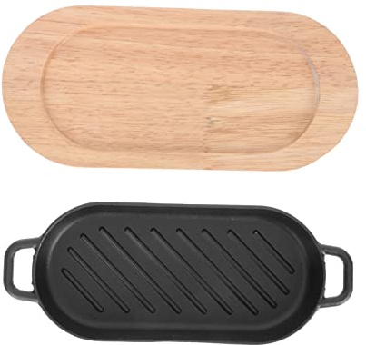 VINTORKY Gusseiserne Grillplatte für Steaks mit Holzbrett Hitzebeständig und Kreativ Gestaltet zum Grillen und Servieren bei Familienfeiern