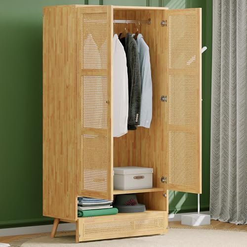Kleiderschrank mit Stange, 2-türiger Kleiderschrank, Schlafzimmer, Rattannetz, Wohnzimmer, mit unterem Flip-Top-Deckel, Spanplatten+PE-Rattan, Natur