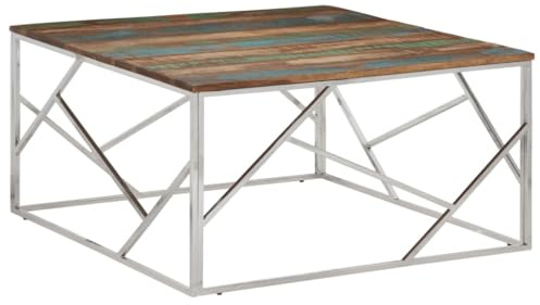 JHQHSM Couchtisch Silbern Edelstahl und Altholz Massiv - Robuster Wohnzimmertisch mit recycelter Tischplatte, Schmutzabweisende Oberfläche, Modernes Design für Snacks und Deko