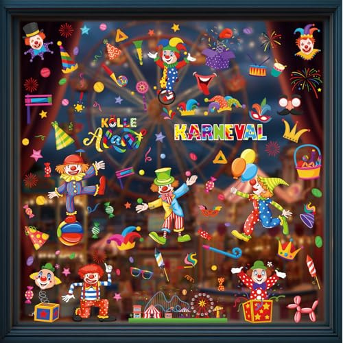 Dermalyx 9 stycken karneval fönsterbilder set, självhäftande clown klistermärken, karnevalsdekoration för barnrum, karnevalsdekal väggdekoration, fönster dekaler