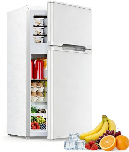 Electactic 2.5 Cu.Ft Mini Fridge with Freezer, Double-Door Compact Refrigerator, Adjustable Glass Shelves, Mechanical Thermostat & Built-in Casters, Space-Saving for Apartment/Dorm/Office, White