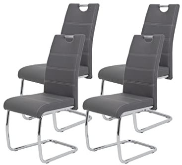 Hela Tische 4er Set Schwingstuhl, Küchenstuhl Flora, Kunstleder Grau, Griffmulde, Metallgestell verchromt, 42x57x98 cm