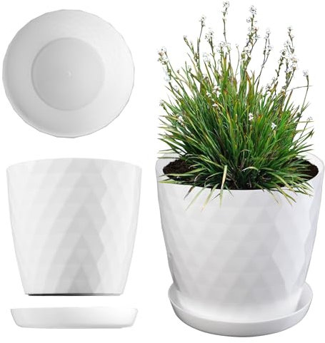 KADAX Maceta decorativa para flores y plantas con platillo, material ligero y resistente, 12 cm, blanco