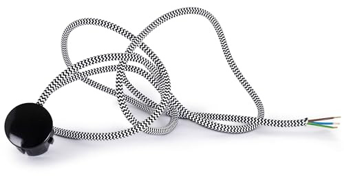 Textilkabel Zuleitung mit Schuko-Stecker (Winkelstecker aus Duroplast: Bakelit Optik), Leitung H03VV-F 3x0.75mm² 3-adrig, Schwarz-Weiß, 5 Meter