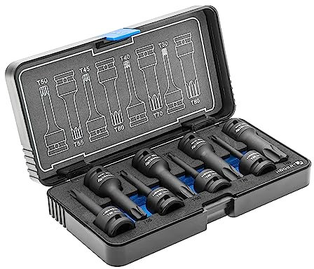 Högert Technique – Lot de 8 douilles à chocs Torx à air comprimé 1/2, CrMo – Jeu de visseuses à chocs Torx pour le service automobile et mécanicien.
