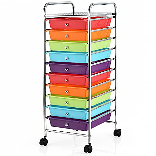 GIANTEX Chariot de Rangement à 10 Tiroirs, Tour de Rangement Multifonction pour la Maison avec 4 Roues (Deux Freins), pour Chambre, Bureau, Salon, 33 x 37 x 86 cm (Multicolore)