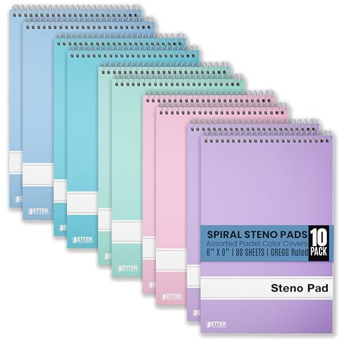 Better Office Products Steno Pads Spiral 6x9, 10 Pack, Gregg Ruled, 80 Sheets, Assorted Pastel Covers, Steno Notebooks Top Spiral for Note Taking