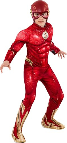 Rubies The Flash Deluxe Costume per bambini, Jumpsuit con petto muscoloso, copristivali e maschera, ufficiale DC Comics, The Flash per Carnevale, Halloween, feste e compleanni, S
