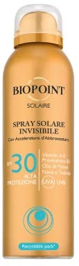 Biopoint Solaire Spray Solare Invisibile, Bassa Protezione, 150 ml, con Acceleratore di Abbronzatura, senza oli minerali, coloranti, senza nickel e resistente all’acqua