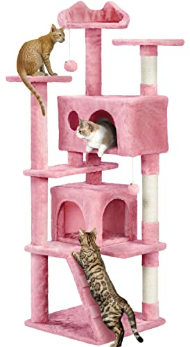 Yaheetech 158cm Cat Tree for Indoor Cats with Scratching Posts, Pink | Multilevel Cat Tower, 2 Condos, 3 Perches, Sisal Posts, Ladder, Safety Strap, for Small to Large Cats, FSC-Certified