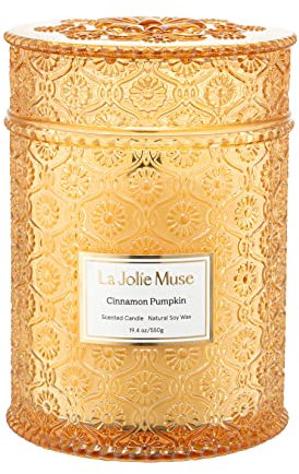 La Jolie Muse Scented Candles Cinnamon and Pumpkin Candle Gifts for Women, 19.4Oz /550g Large Glass Jar Candle, Natural Soy Wax, Wood Wick, 90 Hour Long Burning, Floral Fragrance for Home