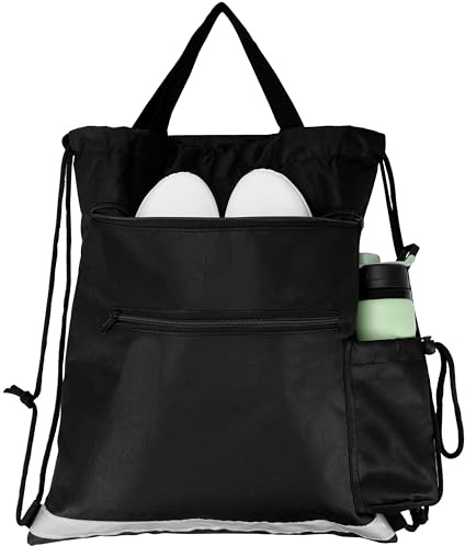 BELLE VOUS Black Drawstring Backpack - Water Resistant String Sports Gym Bag - Large PE Sackpack with Zipper & Pockets for School, Swimming and Travel