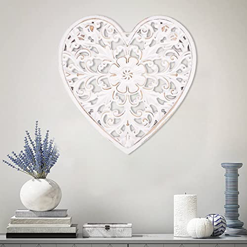 Wood Wall Panel Hanging Decor, 30*30cm Heart-shaped & Square Decorative Carved Floral-Patterned Distressed White, Rustic Wall Art Sculpture Home Wall Ornament for Hallway Living Room Cafe Office