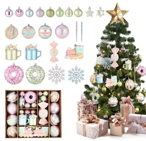 70er Set Premium Weihnachtskugeln Kunststoff Weiß mit Baumspitze Stern - Robuste und Sichere Christbaumschmuck Set mit Aufhängen - Christbaumkugeln Bunt, Mehrweg