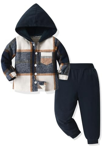 UUAISSO Ropa de bebé para niños pequeños Tops a cuadros con capucha sudadera pantalones Otoño Invierno Trajes Azul océano 12-18 meses