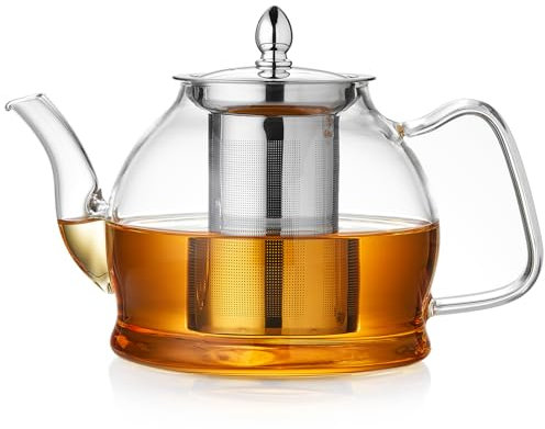 MESNEY Tetera de Cristal de 1320 ml con Infusor Extraíble, Tetera para Infusiones Apta para Estufa, con Tapa e Infusor de Acero Inoxidable, Diseño Elegante