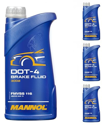MANNOL | Pack de 4 Fluidos de Frenos Sintético DOT-4 | Envase de 1L | Alto Punto de Ebullición y Protección Anticorrosiva | Compatible con Elastómeros | Ideal para Frenos y Embragues Hidráulicos