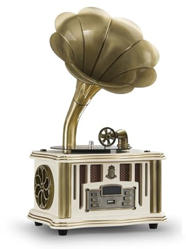 Vintage telefonograf skivspelare med trådlös Bluetooth-högtalare och Fm-radio för heminredning, bar, fest (vit)