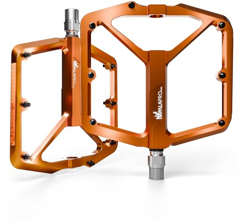 IMPALAPRO - Pedales Bicicleta de Aluminio CNC 9/16” con Plataforma Ancha, Clavos Extraíbles Antideslizantes y Reflectores de Alta Visibilidad - Pedales MTB Ultraligeros 355g (Naranja)