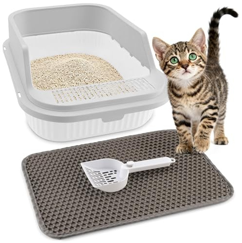 Vexillic Katzenklo Offen Hoher Rand,Katzentoilette Ohne Deckel,Katzenklo Groß Kitten mit Matte und Schaufel 42x29x16 cm