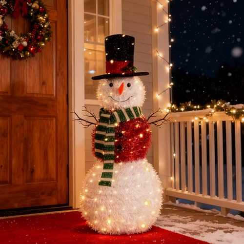 NEXSTRON Muñeco de nieve iluminado de 1,2 m para exteriores, decoraciones navideñas a prueba de roturas, 150 luces cálidas, muñeco de nieve navideño plegable, impermeable, funciona con baterías
