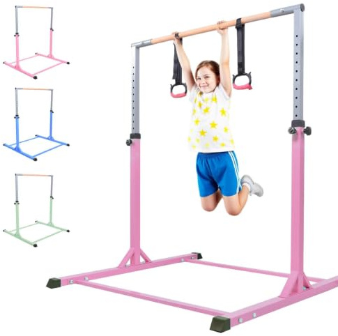 Generisch Barre de gymnastique pour enfants - Barre de gymnastique réglable en hauteur - 13 positions - 98 à 159 cm - Base en acier robuste avec poignée en bois - Charge maximale : 200 kg - Caoutchouc
