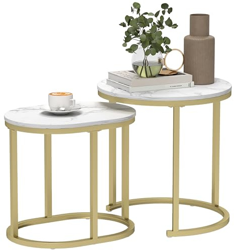 HOMCOM Tavolino Salotto Sovrapponibili Piano Effetto Marmo Bianco e Oro