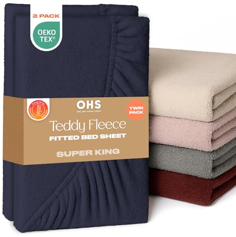Brentfords 2 Pack Fitted Sheet Super King, Teddy Fleece Fitted Sheet Bed Cover Deep Pocket 25cm Fluffy Bedding Fade Resistant Cuddly Cosy Teddy Bear Bedding, Navy Blue - Super King