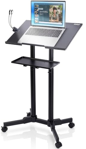 Pyle Lectern Stand Podium Mobile Adjustable Laptop Lectern for Church, Classroom & Presentation Use with Lockable Wheels, Tilting Desk & Dual Shelves | For Church, Classroom & Presentation Use with Lockable Wheels, Tilting Desk, Dual Shelves & Reading Light