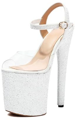 Genérico Sandalias Mujer Punta Abierta Brillo Plataforma Vamp Transparente Tobillera Hebilla Cierre Tacón Alto Extremo Stiletto Vestido Fiesta Baile,Blanca,34 EU