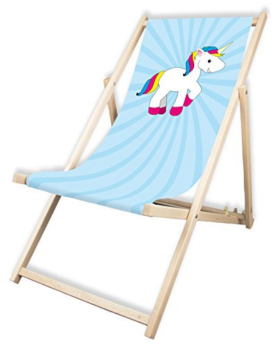MultiBrands® Liegestuhl, Holz, ohne Armlehne, klappbar, Einhorn blau
