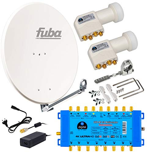 Système satellite professionnel : antenne satellite Fuba 80 cm DAL 800 W blanc réflecteur en aluminium + commutateur multiple HB-DIGITAL 9/8 (2 satellites / 8 participants) + 2 LNB UHD Quattro +