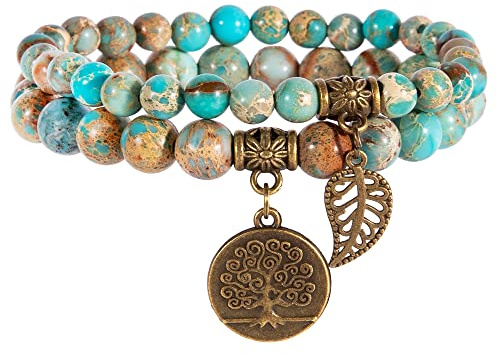 Farfume Chakra Bracelets for Women, Blue Sea Sediment & LifeTree (Medium)