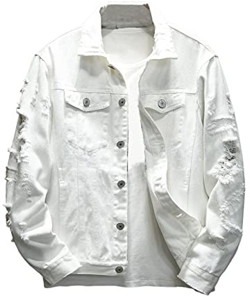SHINROAD Herrjeansjacka jeans rippat hål enfärgad nedfällbar krage streetwear höst vinter lös för resa vit M