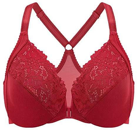DELIMIRA Sujetador de Encaje Cierre Frontal Talla Grande con Aros para Mujer Rojo Oscuro 100D