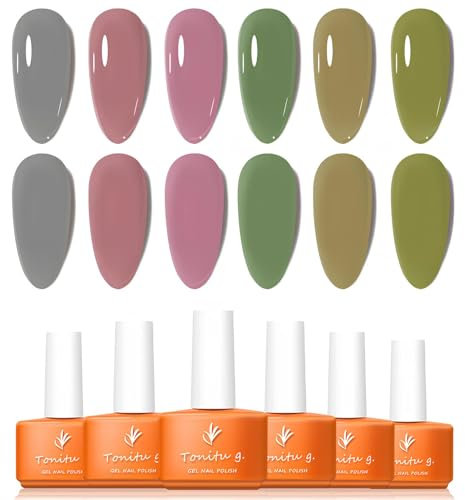 Tonitu G Gel Nail Polish Set 6 Colors Gel Polish Kit, Grey Mauve Pink Baby Pink Sage Green Tan Beige Olive Green Popular Nail Art Design Soak Off LED at Manicure DIY Home Salon Gifts for Women Girls